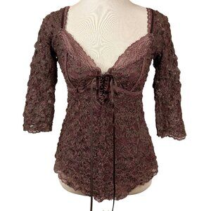 Ann Farriday Brown Stretch Lace Whimsigoth Fairy 3/4 Sleeve Top Size OS